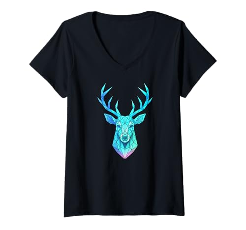 Damen Geometrisches Hirschkopf-Kunstwerk T-Shirt mit V-Ausschnitt von Animal Art