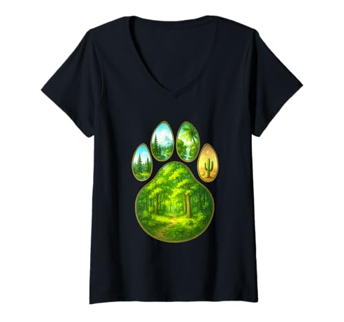 Damen Natur-Pfotenabdruck-Kunstwerk T-Shirt mit V-Ausschnitt von Animal Art