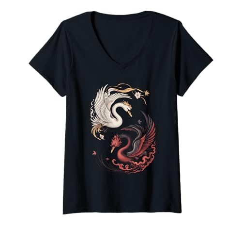 Damen Japanische Kunst Schwan Gut und Teufel Schwäne T-Shirt mit V-Ausschnitt von Animal Bird Lover Gifts