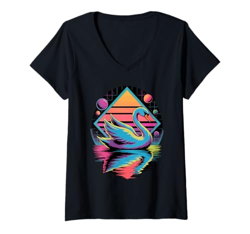 Damen Retro Synthwave Schwan Schwäne T-Shirt mit V-Ausschnitt von Animal Bird Lover Gifts