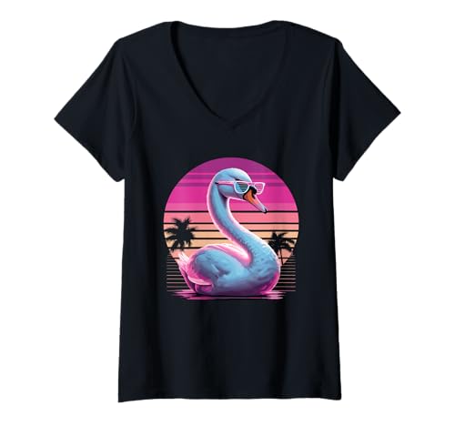 Damen Retro Synthwave Schwan Sonnenbrille Schwäne T-Shirt mit V-Ausschnitt von Animal Bird Lover Gifts