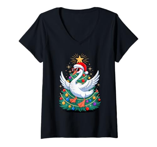 Damen Weihnachtsbaum Schwan Sonnenbrille Schwäne T-Shirt mit V-Ausschnitt von Animal Bird Lover Gifts