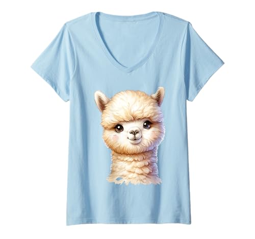 Damen Niedliches Alpaka-Tier-Design für Kinder und Tierliebhaber T-Shirt mit V-Ausschnitt von Animal Birthday Designs for Kids and Toddlers