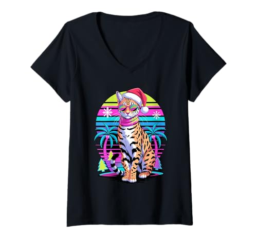 Damen Christmas Synthwave Savannah Cat Sunglasses T-Shirt mit V-Ausschnitt Damen Christmas Synthwave Savannah Cat Sunglasses T-Shirt mit V-Ausschnitt von Animal Cat Lover Gifts