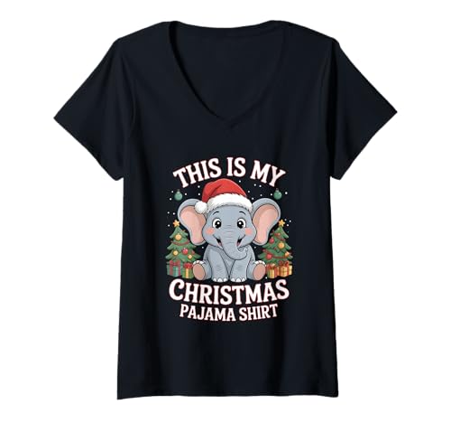 Damen This is My Christmas Pyjama, Elefant T-Shirt mit V-Ausschnitt von Animal Chistmas Pajama Shirts