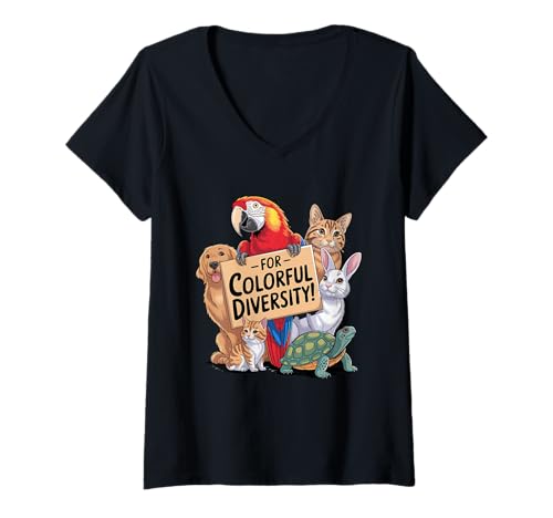 Damen Für Bunte Vielfalt Papageien, Hunde, Katzen, Kaninchen, Schildkröten T-Shirt mit V-Ausschnitt Damen Für Bunte Vielfalt Papageien, Hunde, Katzen, Kaninchen, Schildkröten T-Shirt mit V-Ausschnitt von Animal Diversity Parrot Dog Cat Rabbit Turtle
