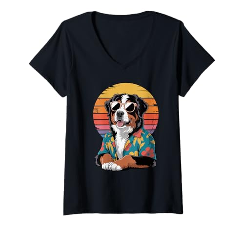Damen Bernese Mountain Dog Sonnenbrille Hawaii Strand Sommer T-Shirt mit V-Ausschnitt Damen Bernese Mountain Dog Sonnenbrille Hawaii Strand Sommer T-Shirt mit V-Ausschnitt von Animal Dog Lover Gifts