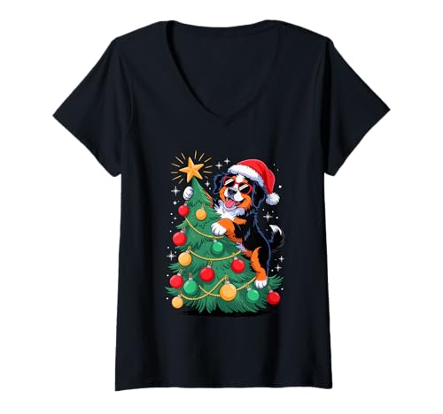 Damen Christmas Tree Bernese Mountain Dog Sunglasses Berner T-Shirt mit V-Ausschnitt Damen Christmas Tree Bernese Mountain Dog Sunglasses Berner T-Shirt mit V-Ausschnitt von Animal Dog Lover Gifts