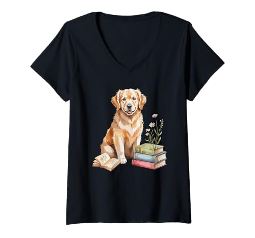 Damen Golden Retriever GR Dog Bookworm Flowers Book Reading Books T-Shirt mit V-Ausschnitt Damen Golden Retriever GR Dog Bookworm Flowers Book Reading Books T-Shirt mit V-Ausschnitt von Animal Dog Lover Gifts