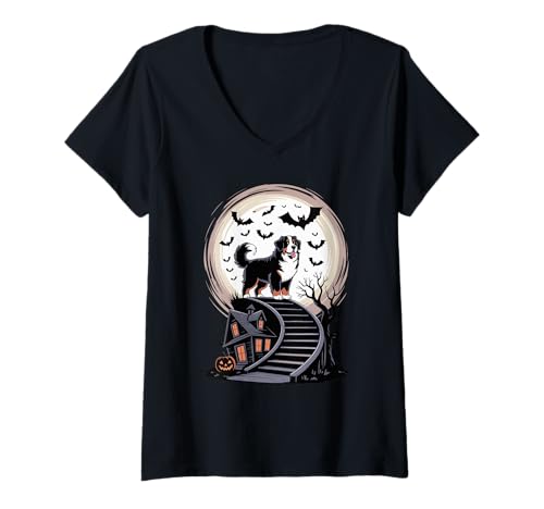 Damen Gruselig Halloween Mond Bernese Mountain Dog Berner T-Shirt mit V-Ausschnitt Damen Gruselig Halloween Mond Bernese Mountain Dog Berner T-Shirt mit V-Ausschnitt von Animal Dog Lover Gifts
