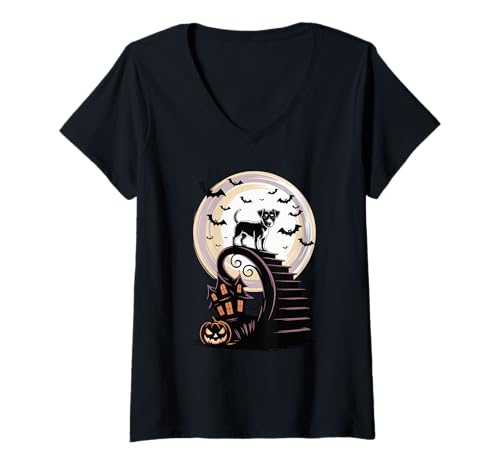 Damen Gruseliges Halloween Mond Jack Russell Terrier T-Shirt mit V-Ausschnitt von Animal Dog Lover Gifts