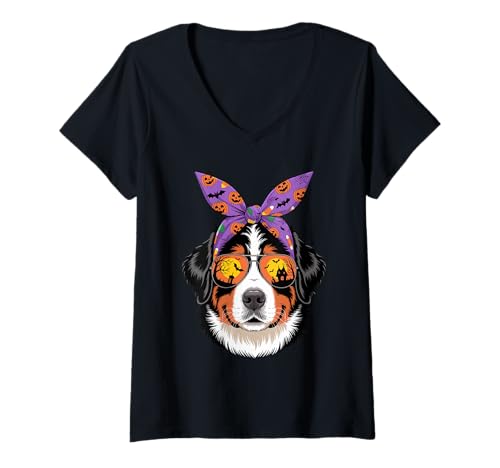 Damen Halloween Bandana Bernese Mountain Dog Berner T-Shirt mit V-Ausschnitt von Animal Dog Lover Gifts