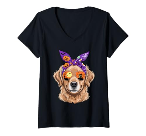 Damen Halloween Bandana Golden Retriever GR Dog Goldie T-Shirt mit V-Ausschnitt von Animal Dog Lover Gifts