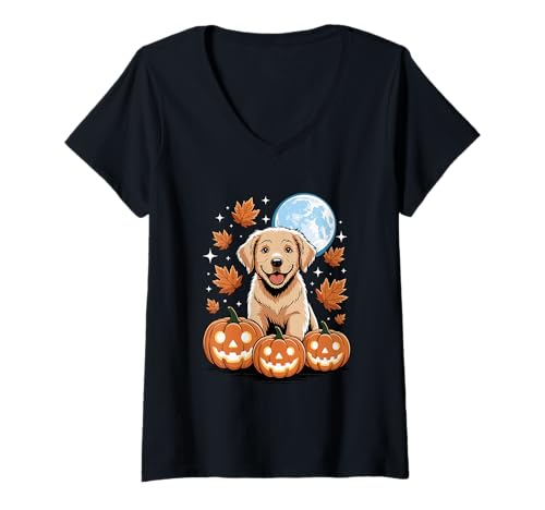 Damen Halloween Golden Retriever Kürbis GR Dog Goldie GSD T-Shirt mit V-Ausschnitt Damen Halloween Golden Retriever Kürbis GR Dog Goldie GSD T-Shirt mit V-Ausschnitt von Animal Dog Lover Gifts