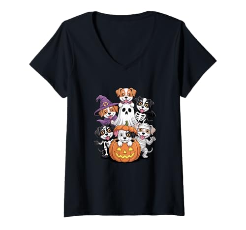 Damen Halloween Jack Russell Terrier Pumpkin T-Shirt mit V-Ausschnitt Damen Halloween Jack Russell Terrier Pumpkin T-Shirt mit V-Ausschnitt von Animal Dog Lover Gifts