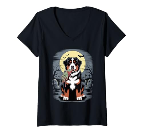 Damen Halloween Mond Zombie Hand Bernese Mountain Dog Berner T-Shirt mit V-Ausschnitt Damen Halloween Mond Zombie Hand Bernese Mountain Dog Berner T-Shirt mit V-Ausschnitt von Animal Dog Lover Gifts
