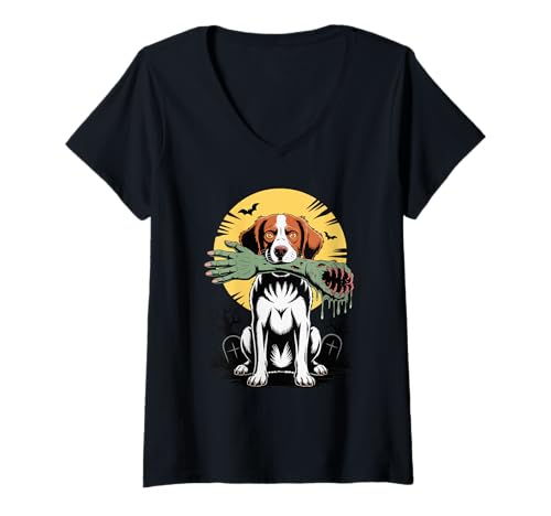 Damen Halloween Mond Zombie Hand Brittany Dog Brittany Spaniel T-Shirt mit V-Ausschnitt Damen Halloween Mond Zombie Hand Brittany Dog Brittany Spaniel T-Shirt mit V-Ausschnitt von Animal Dog Lover Gifts