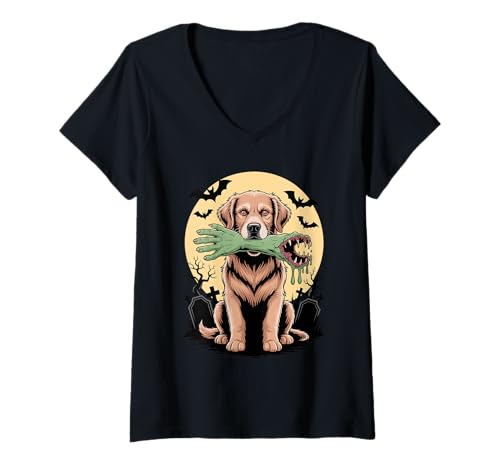 Damen Halloween Mond Zombie Hand Golden Retriever GR Dog Goldie T-Shirt mit V-Ausschnitt Damen Halloween Mond Zombie Hand Golden Retriever GR Dog Goldie T-Shirt mit V-Ausschnitt von Animal Dog Lover Gifts