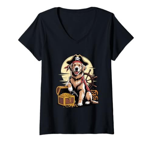 Damen Halloween Pirate Golden Retriever Treasure GR Dog Goldie T-Shirt mit V-Ausschnitt Damen Halloween Pirate Golden Retriever Treasure GR Dog Goldie T-Shirt mit V-Ausschnitt von Animal Dog Lover Gifts