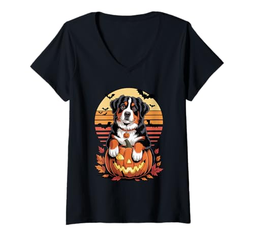 Damen Halloween Retro Bernese Mountain Dog Berner T-Shirt mit V-Ausschnitt Damen Halloween Retro Bernese Mountain Dog Berner T-Shirt mit V-Ausschnitt von Animal Dog Lover Gifts