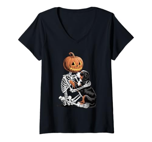 Damen Halloween Skeleton Bernese Mountain Dog Berner T-Shirt mit V-Ausschnitt Damen Halloween Skeleton Bernese Mountain Dog Berner T-Shirt mit V-Ausschnitt von Animal Dog Lover Gifts