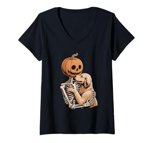 Damen Halloween Skeleton Golden Retriever GR Dog Goldie T-Shirt mit V-Ausschnitt von Animal Dog Lover Gifts