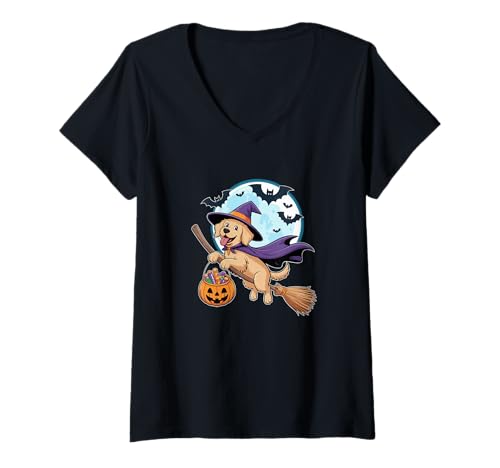 Damen Halloween Witch Golden Retriever Moon GR Dog Goldie T-Shirt mit V-Ausschnitt Damen Halloween Witch Golden Retriever Moon GR Dog Goldie T-Shirt mit V-Ausschnitt von Animal Dog Lover Gifts