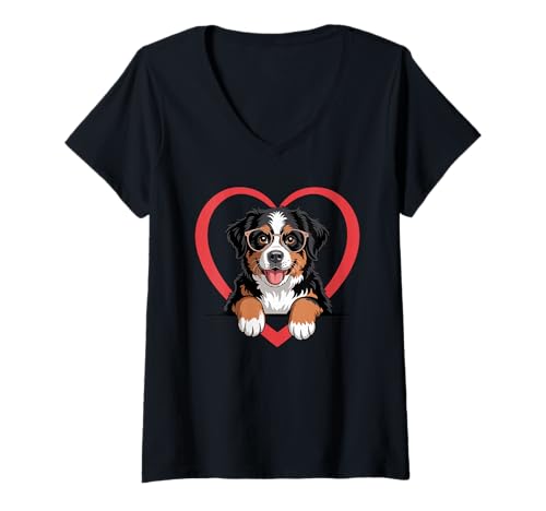 Damen Heart Bernese Mountain Dog Glasses Berner T-Shirt mit V-Ausschnitt Damen Heart Bernese Mountain Dog Glasses Berner T-Shirt mit V-Ausschnitt von Animal Dog Lover Gifts
