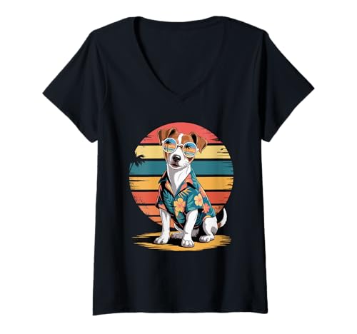Damen Jack Russell Terrier Sonnenbrille Hawaii Strand Sommer T-Shirt mit V-Ausschnitt Damen Jack Russell Terrier Sonnenbrille Hawaii Strand Sommer T-Shirt mit V-Ausschnitt von Animal Dog Lover Gifts