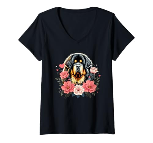 Damen Roses Flowers Tibetan Mastiff T-Shirt mit V-Ausschnitt Damen Roses Flowers Tibetan Mastiff T-Shirt mit V-Ausschnitt von Animal Dog Lover Gifts