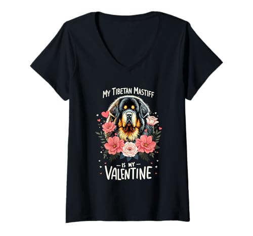Damen Roses Flowers Valentine's Day Tibetan Mastiff T-Shirt mit V-Ausschnitt von Animal Dog Lover Gifts