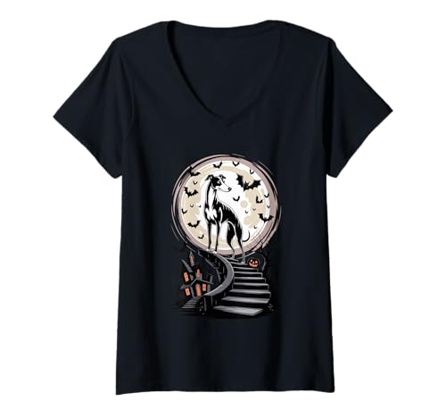 Damen Spooky Halloween Mond Greyhound English Sighthound T-Shirt mit V-Ausschnitt Damen Spooky Halloween Mond Greyhound English Sighthound T-Shirt mit V-Ausschnitt von Animal Dog Lover Gifts