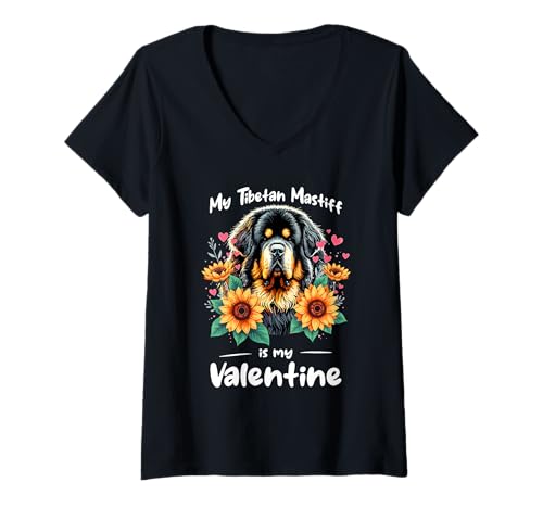 Damen Sunflowers Valentine's Day Tibetan Mastiff T-Shirt mit V-Ausschnitt Damen Sunflowers Valentine's Day Tibetan Mastiff T-Shirt mit V-Ausschnitt von Animal Dog Lover Gifts