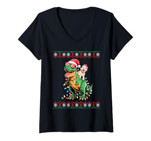 Damen Weihnachten Golden Retriever T-Rex Dinosaurier GR Goldie T-Shirt mit V-Ausschnitt Damen Weihnachten Golden Retriever T-Rex Dinosaurier GR Goldie T-Shirt mit V-Ausschnitt von Animal Dog Lover Gifts
