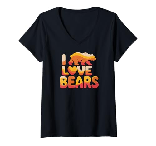 Damen I Love Bears Retro Style Grafik T-Shirt mit V-Ausschnitt von Animal Enthusiast Bear Wildlife