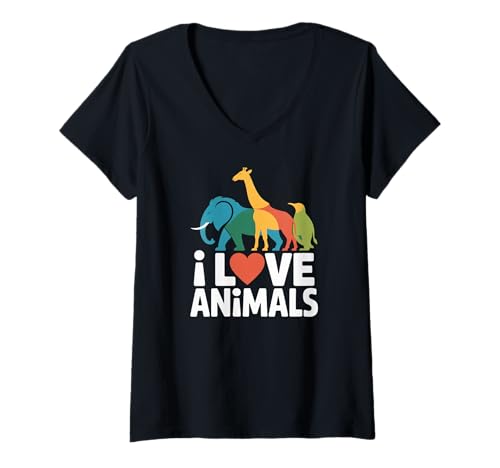 Damen I Love Animals Herz Giraffe Elefant T-Shirt mit V-Ausschnitt Damen I Love Animals Herz Giraffe Elefant T-Shirt mit V-Ausschnitt von Animal Enthusiast Wildlife Unity