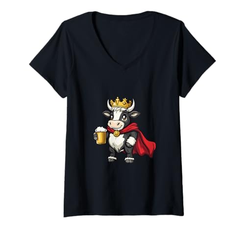 Damen Lustige Kuh mit Bier T-Shirt mit V-Ausschnitt von Animal Fun Party Inc