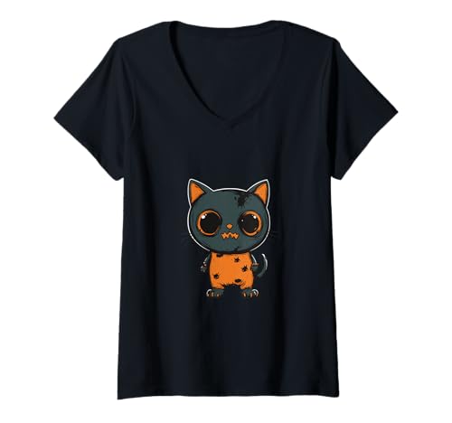 Damen Lustige Halloween-Katzen-Zombie-Comic T-Shirt mit V-Ausschnitt Damen Lustige Halloween-Katzen-Zombie-Comic T-Shirt mit V-Ausschnitt von Animal Halloween Party Mood