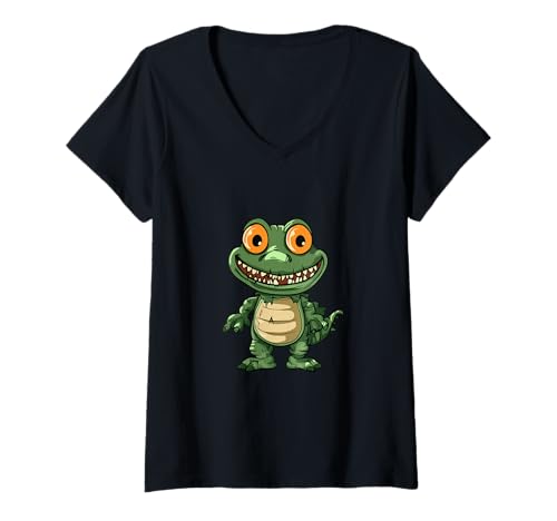 Damen Lustiger Halloween-Alligator-Zombie-Comic T-Shirt mit V-Ausschnitt von Animal Halloween Party Mood
