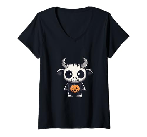Damen Lustiger Halloween-Bull-Zombie-Comic T-Shirt mit V-Ausschnitt Damen Lustiger Halloween-Bull-Zombie-Comic T-Shirt mit V-Ausschnitt von Animal Halloween Party Mood