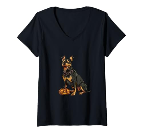 Damen Lustiger Halloween-Dobermann-Hunde-Zombie T-Shirt mit V-Ausschnitt von Animal Halloween Party Mood