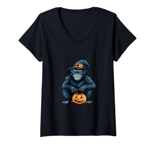 Damen Lustiger Halloween-Gorilla-Zombie-Comic T-Shirt mit V-Ausschnitt von Animal Halloween Party Mood