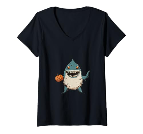 Damen Lustiger Halloween-Hai-Zombie-Comic T-Shirt mit V-Ausschnitt von Animal Halloween Party Mood