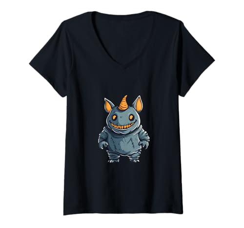 Damen Lustiger Halloween-Nashorn-Zombie-Comic T-Shirt mit V-Ausschnitt von Animal Halloween Party Mood
