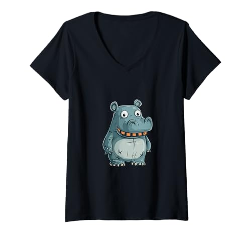 Damen Lustiger Halloween-Nilpferd-Zombie-Comic T-Shirt mit V-Ausschnitt von Animal Halloween Party Mood