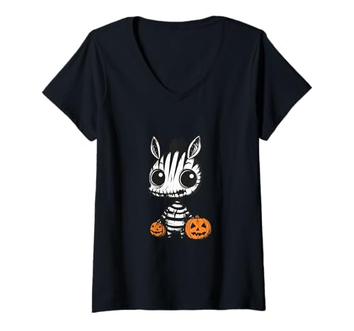 Damen Lustiger Halloween-Zebra-Zombie-Comic T-Shirt mit V-Ausschnitt Damen Lustiger Halloween-Zebra-Zombie-Comic T-Shirt mit V-Ausschnitt von Animal Halloween Party Mood