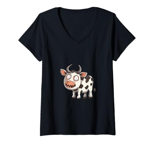 Damen Lustiger Zombie-Comic für Halloween, Kuh T-Shirt mit V-Ausschnitt von Animal Halloween Party Mood