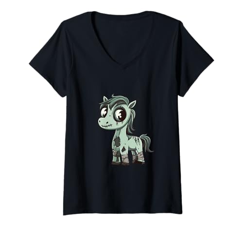 Damen Lustiger Zombie-Comic für Halloween T-Shirt mit V-Ausschnitt von Animal Halloween Party Mood