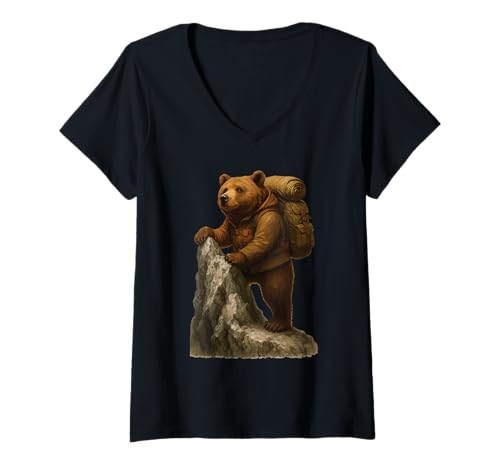 Damen Grizzlybär Wandern T-Shirt mit V-Ausschnitt Damen Grizzlybär Wandern T-Shirt mit V-Ausschnitt von Animal Hiking