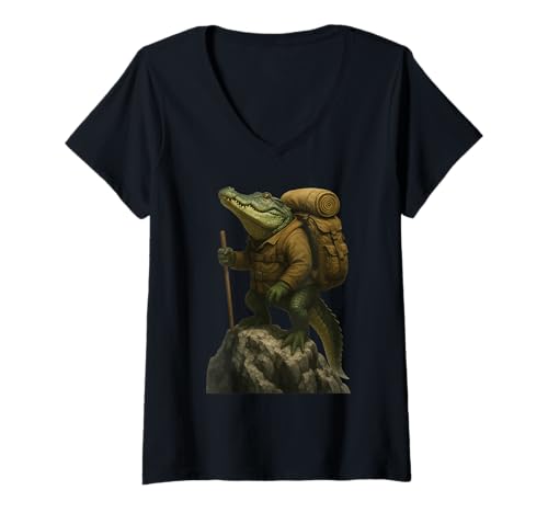 Damen Krokodil Wandern T-Shirt mit V-Ausschnitt Damen Krokodil Wandern T-Shirt mit V-Ausschnitt von Animal Hiking